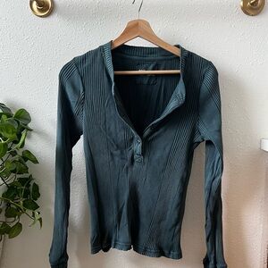 Aerie Long-Sleeve Ribbed Henley Top in Teal